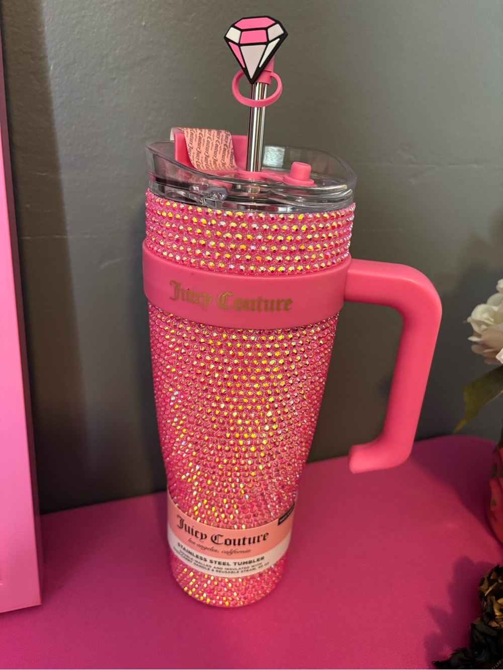 Juicy Couture Pink Rhinestone Travel Tumbler 40 oz with Handle & Gem Straw Top